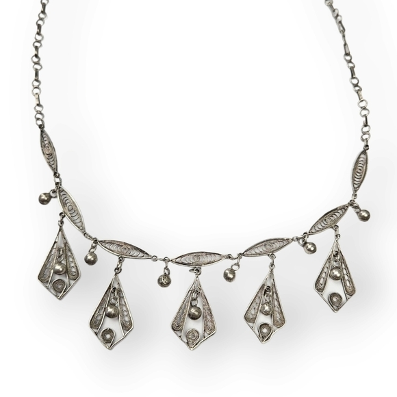 VINTAGE Sterling Filigree Necklace Chain Turkish Style Leaves Flowers 925 Silver - Picture 1 of 11